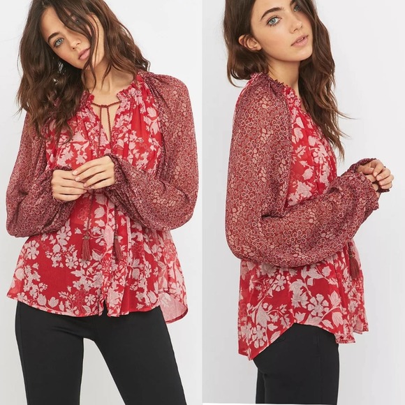 Free People Hendrix Red Floral Boho Peasant Tasseled Blouse Size XS - Picture 9 of 11